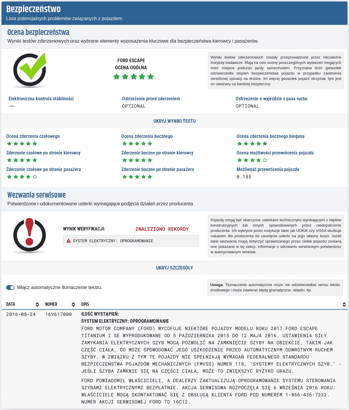 Sekcja „Bezpieczeństwo” w raporcie Autobaza pokazuje dostępne informacje dotyczące testów bezpieczeństwa, systemów ochrony i danych technicznych pojazdu.